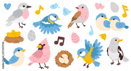 Fototapeta Naklejka Na Ścianę i Meble -  Vector illustration set of cute doodle birds for digital stamp,greeting card,sticker,icon,design