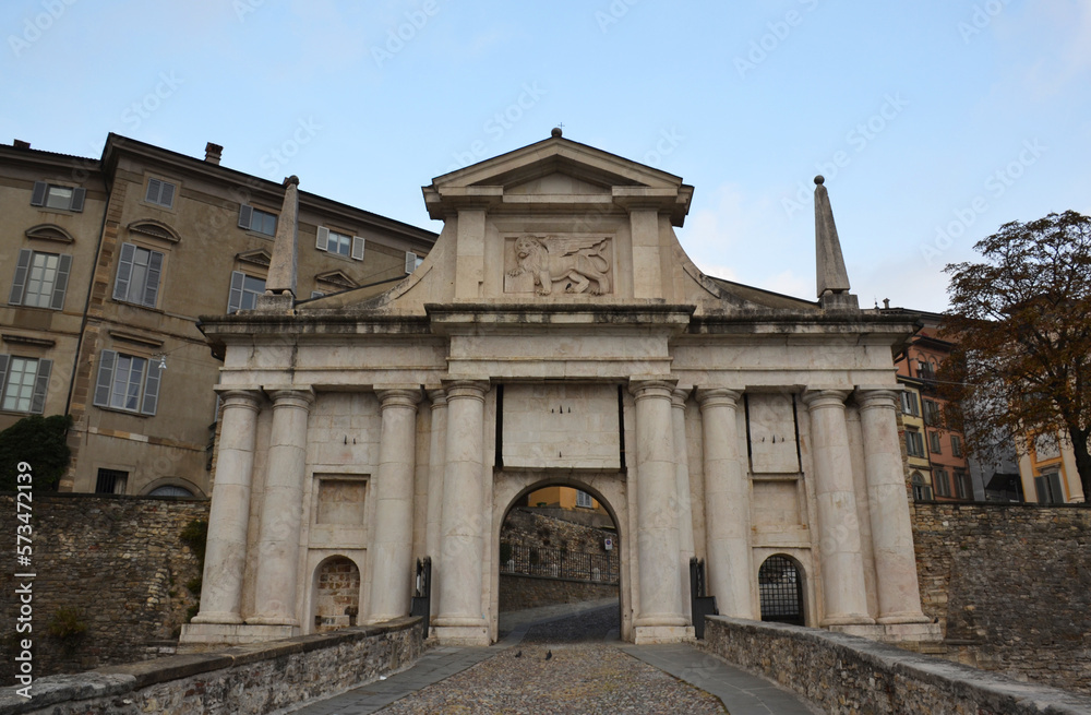Gates to the Upper city of Bergamo (Citta Alta) in Italy