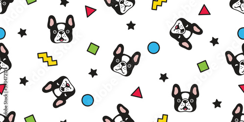 dog seamless pattern french bulldog head face vector star polka dot triangle square zigzag cartoon gift wrapping paper tile background repeat wallpaper doodle geometric scarf isolated illustration des