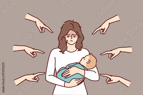 Young mother with baby in arms is ashamed because of condemnation of surrounding people pointing fingers. Woman who becomes mother feels postpartum depression and needs psychological support