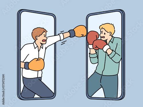 Angry businessmen on cellphones screen fighting. Furious male rivals on smartphones displays have argument or conflict. Online rivalry and competition. Vector illustration. 