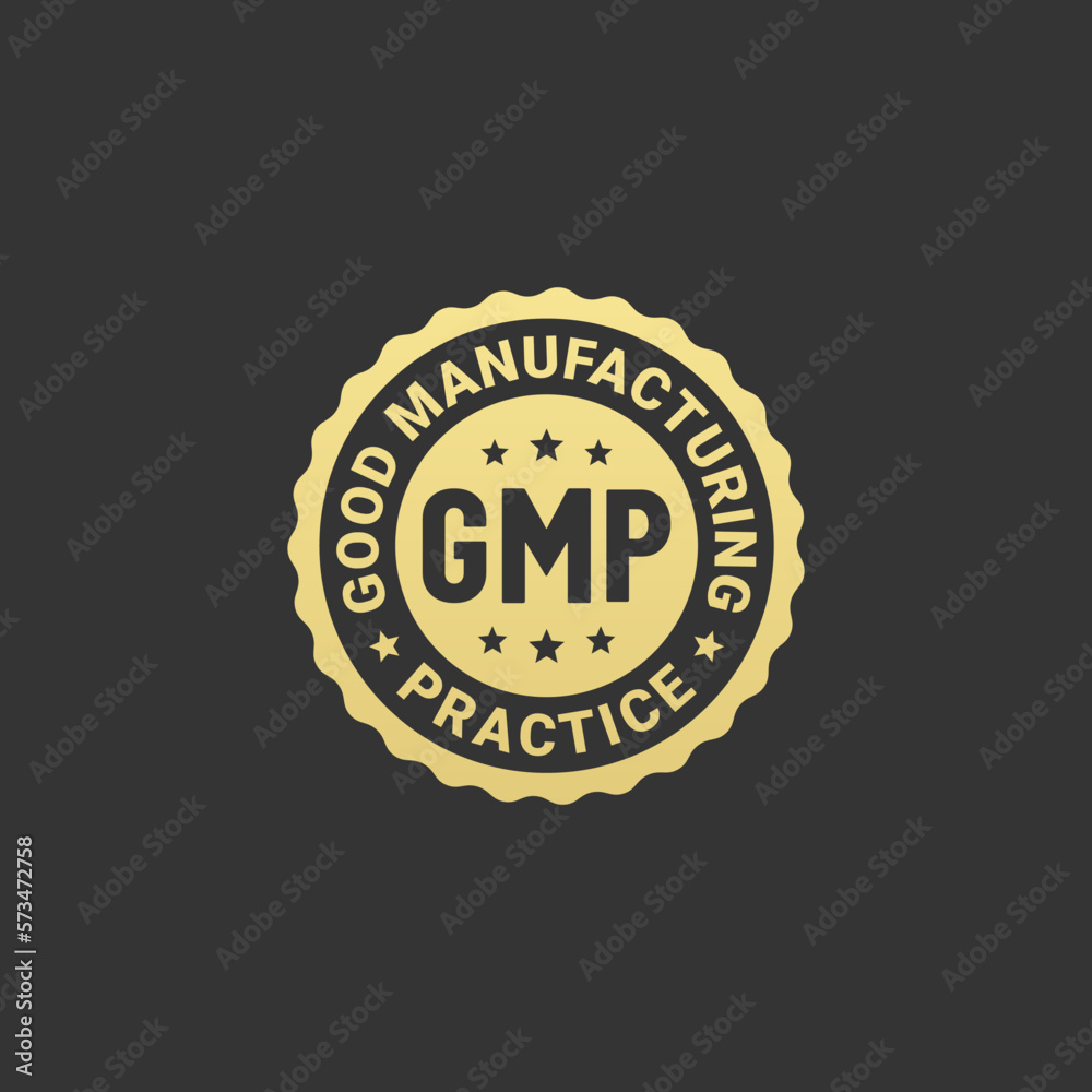 Gmp certified logo or gmp certified label on black background. Good Manufacturing Practices. Gmp certified logo for food products that require a certificate. Gmp seal vector.