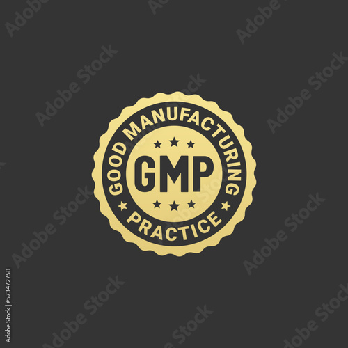 Gmp certified logo or gmp certified label on black background. Good Manufacturing Practices. Gmp certified logo for food products that require a certificate. Gmp seal vector.