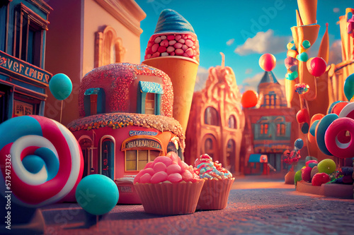 Vászonkép An imaginative and playful scene of a vibrant city, where everything is made of sweets and candies, generative ai illustration