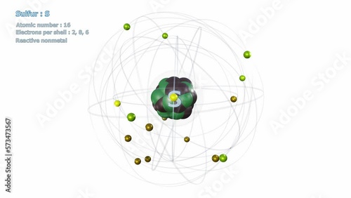 Atom of Sulfur with 16 Electrons in infinite orbital rotation on white