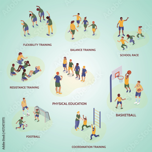 set isolated lesson compositions with editable text captions isometric characters children trainers vector illustration