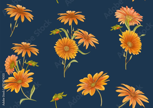 Calendula medicinal herbs and flowers seamless pattern, background. Vector illustration.