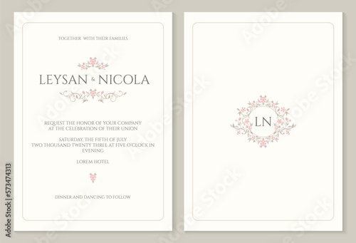 Elegant wedding invitation. Classic graphic elements. Frame with floral monogram. Ornamental border and monogram.