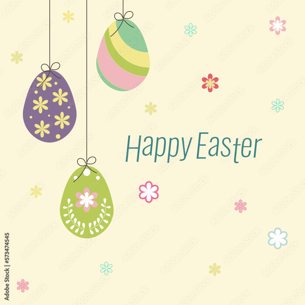 Easter card with eggs and the inscription of Happy Easter on a beige background.