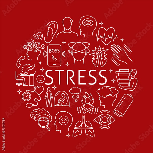 Round banner with stress symptoms and causes