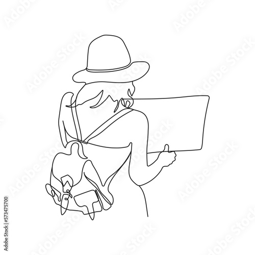 Travel girl with backpack and map. One line art. Tourism concept. Hand drawn vector illustration.