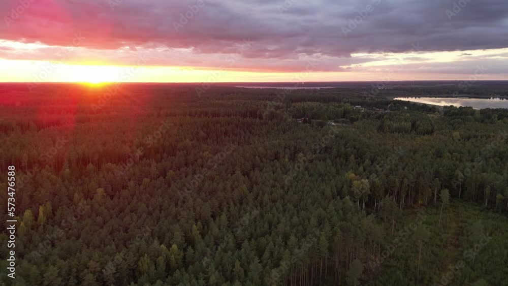 Sunrise rays shining through, Aerial drone view of sunrise over misty landscape. Sun shining through fog mist. Sunrise in Misty Countryside. Magical Fog to Horizon. Calmness, relaxation, meditation