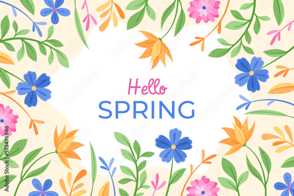 Fondo primaveral de coloridas flores y plantas con saludo