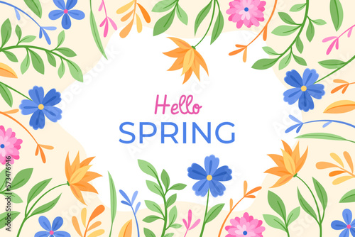 Fondo primaveral de coloridas flores y plantas con saludo