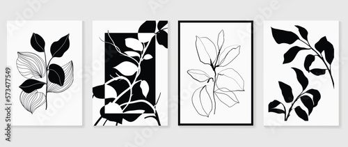 Abstract wall art background vector set. Botanical leaf branch lines with black and white monochrome and silhouette texture. Design illustration for home decoration, cover, poster, banner, wallpaper.