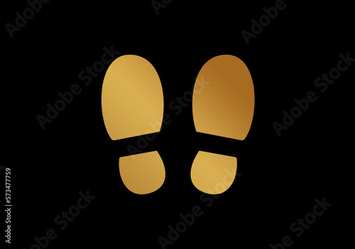 Gold line human footprint shoe isolated on black background. Vector