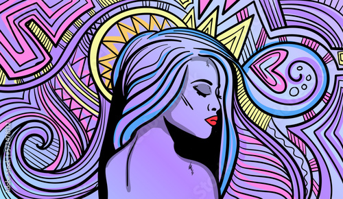 Colourful psychedelic line art with abstract woman. Doodles and lines abstract hand-drawn vector art.