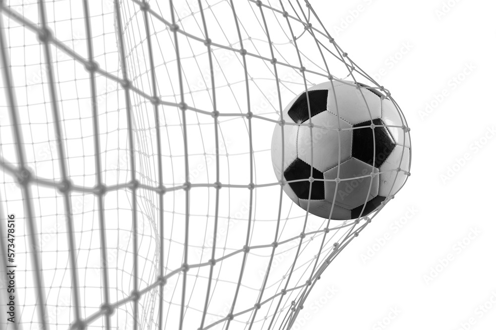 Soccer ball scores a goal on the net in a football match - obrazy, fototapety, plakaty 