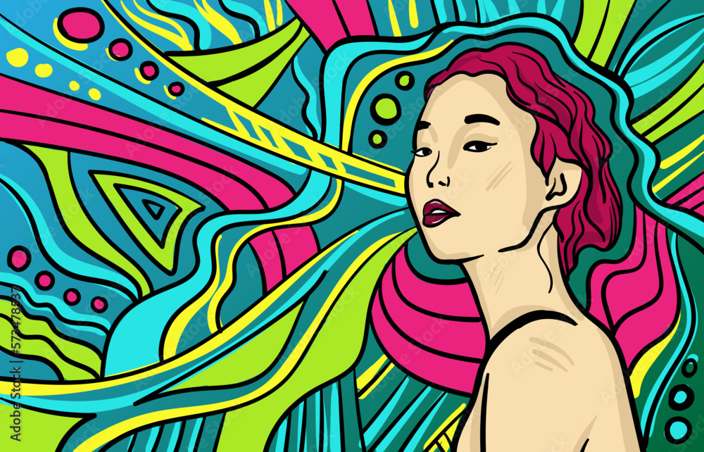 Colourful psychedelic line art with abstract woman. Doodles and lines abstract hand-drawn vector art. Colourful psychedelic line art with abstract woman. Doodles and lines abstract hand-drawn vector art.