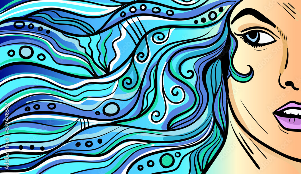 Colourful psychedelic line art with abstract woman. Doodles and lines abstract hand-drawn vector art.