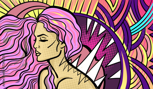 Colourful psychedelic line art with abstract woman. Doodles and lines abstract hand-drawn vector art. © Lidiia