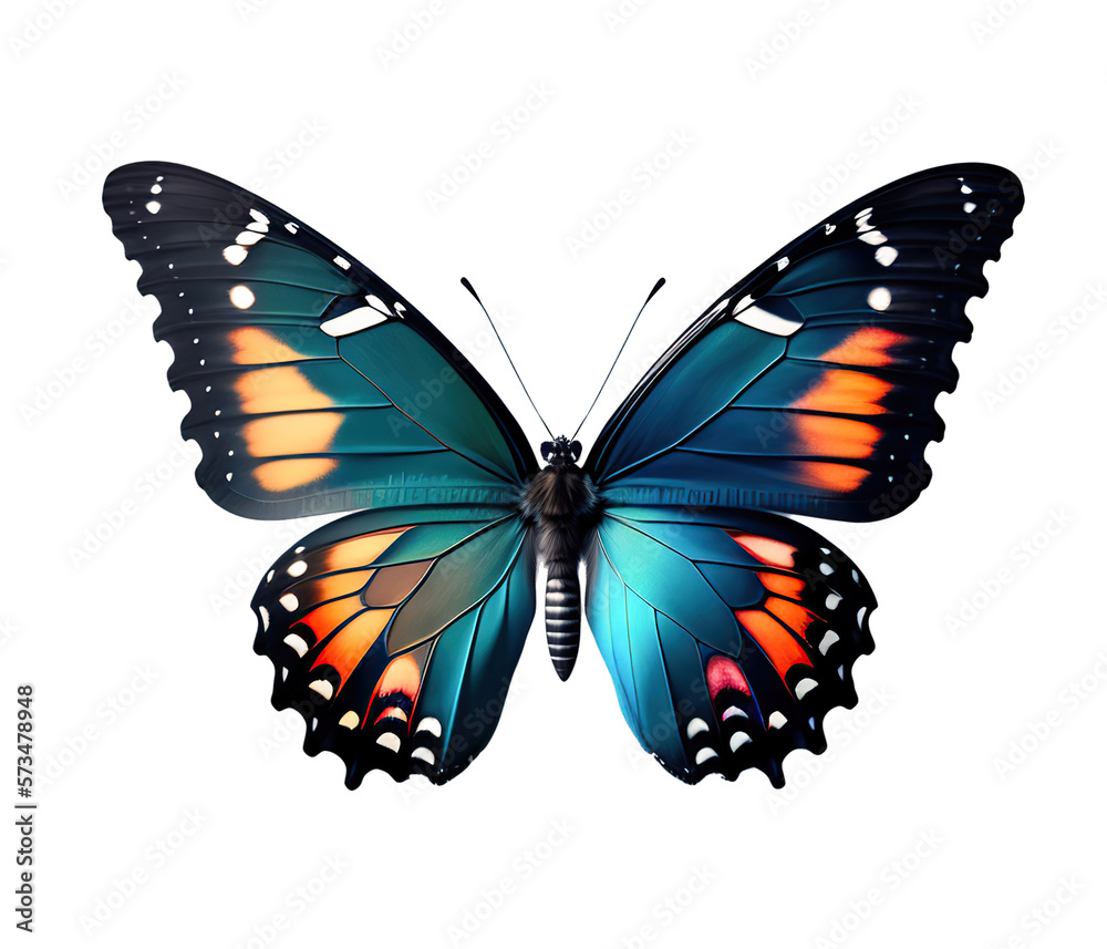 Obraz premium Very beautiful blue orange butterfly with spread wings isolated on a transparent background. AI generated.