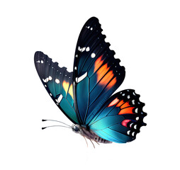 Very beautiful blue orange butterfly in flight isolated on a transparent background.
