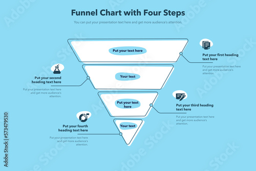 Funnel chart template with four steps - blue version. Creative diagram divided into four steps with minimalistic icons.