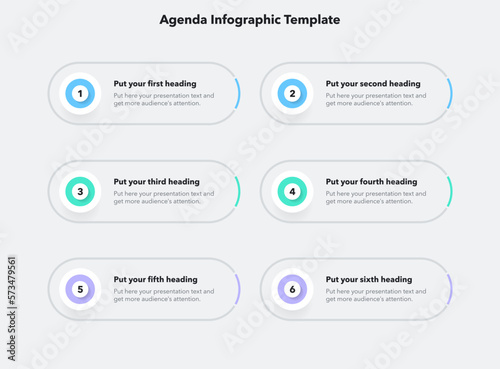 Agenda infographic template with six steps and a place for your text. Flat infographic design.