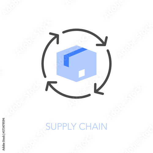 Simple visualised supply chain icon symbol with a product box and a process arrows.