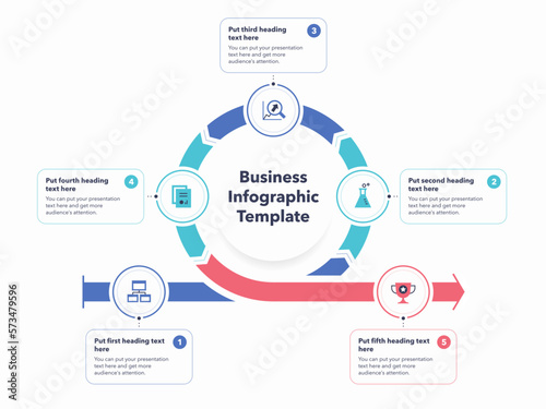 Business infographic template with five colorful steps. Modern diagram with flat colorful icons.