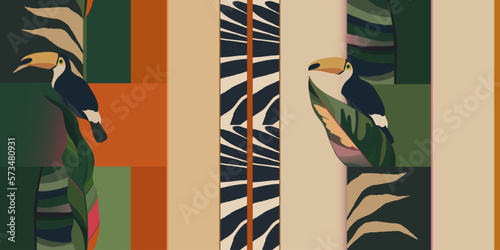 Hand drawn abstract tropical print with toucan bird. Creative ethnic style collage seamless pattern. Fashionable template for design.