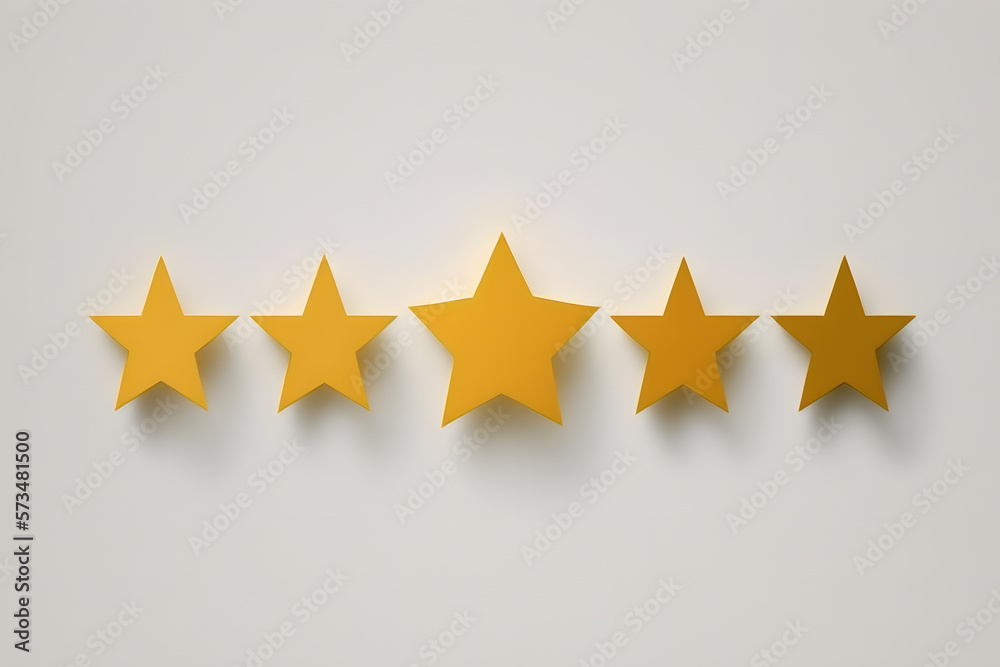 Five gold star icon, rating symbol, flat design, plain white background, 3d illustration Five gold star icon, rating symbol, flat design, plain white background, 3d illustration