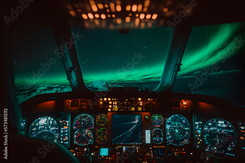 Northern Lights Aurora Borealis green with passenger plane flying above the clouds. Amazing magical natural phenomenon. Cockpit aircraft, night. Generative AI.