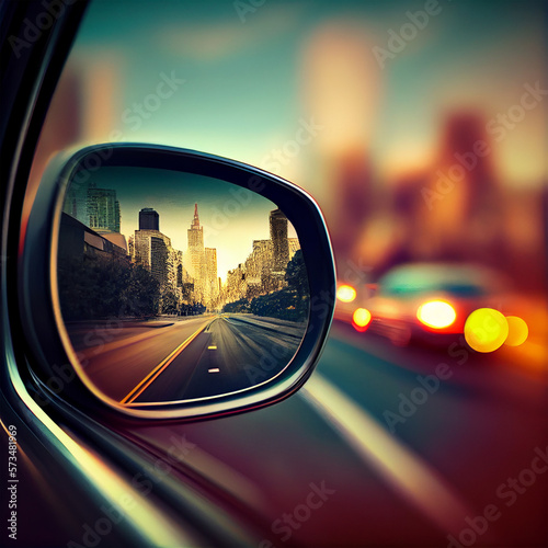 Fotografia Car rearview mirror with city road reflection - AI generated image