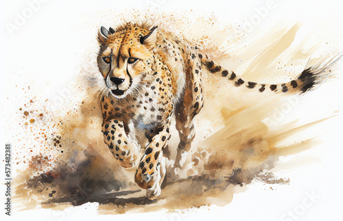 Cheetah running watercolor style painting created with generative AI 10 photo
