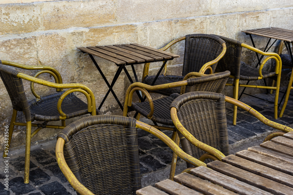 Cozy street with cafe tables in Lviv, Ukraine. Summer street cafe