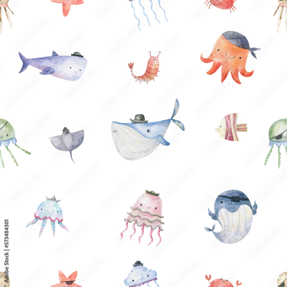Fototapeta premium Seamless pattern with sea creatures. Endless underwater life background. Fish, jellyfish, shark, flora, sea shell, corals, starfish. Ocean wallpaper, textile, wall art, fabric print. Summer vacation. 