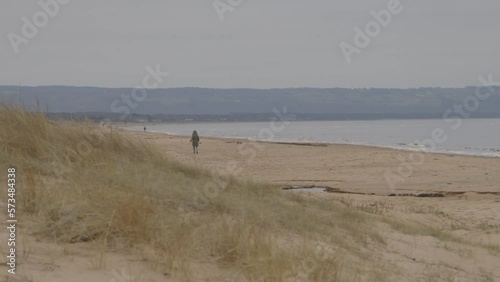 Woman with dog walking on an empty winter beach, Mellbystrand, Halland photo