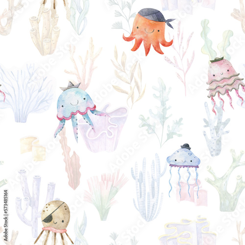Seamless pattern with sea creatures. Endless underwater life background. Fish, jellyfish, shark, flora, sea shell, corals, starfish. Ocean wallpaper, textile, wall art, fabric print. Summer vacation. 
