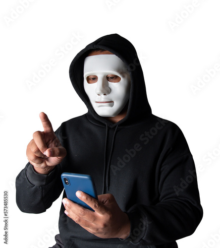 Close-up. An anonymous hacker wearing a mask and black hoodie shows off a smartphone with a blank white screen. Hacking and malware concept. Transparent background. png.file