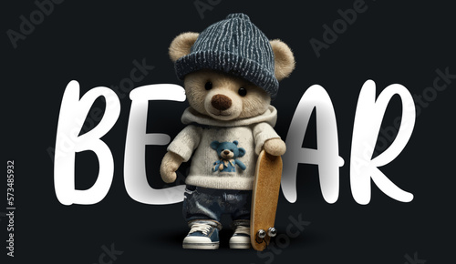 Cute teddy bear rides a skateboard. Funny charming illustration of a teddy bear on a black background. Print for your clothes or postcards. Vector illustration