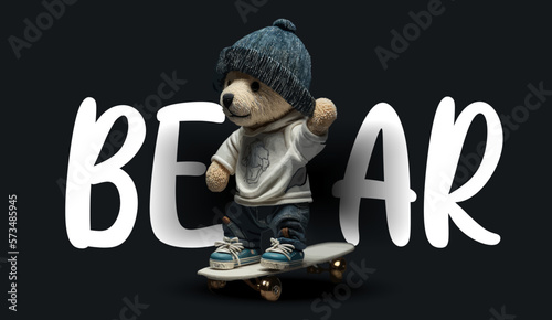 Cute teddy bear rides a skateboard. Funny charming illustration of a teddy bear on a black background. Print for your clothes or postcards. Vector illustration