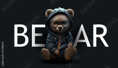 Cute teddy bear in a suit and glasses. Funny charming illustration of a teddy bear on a black background. Print for your clothes or postcards. Vector illustration