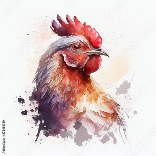 chicken, domestic farm bird,  watercolor illustration isolated on white background, generative ai photo