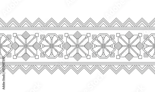 Seamless Border with Ornamental Composition Inspired by Ukrainian Traditional Embroidery. Ethnic Motif, Handmade Craft Art. Ethnic Design Element. Coloring Book Page. Vector Contour Illustration