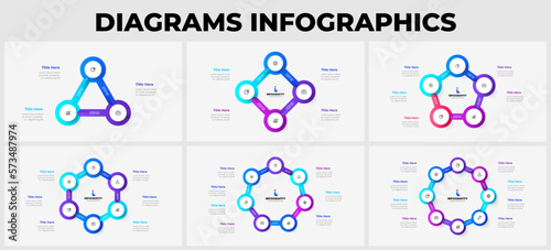 Set of vector cycle infographics. Circle with arrows. Presentation template with 3, 4, 5, 6, 7 and 8 options