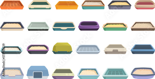 Cat tray icons set cartoon vector. Toilet sandbox. Animal box