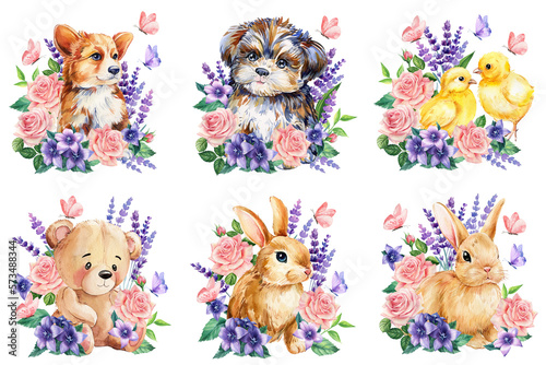 Watercolor cute bunny  kitten  chicken  puppy and flowers  butterflies on a white background  floral postcard animal