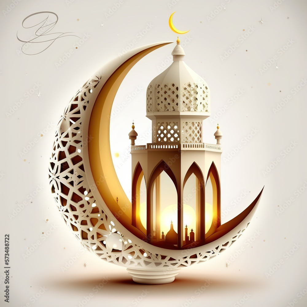 Ramadan Kareem with serene mosque and lantern, crescent moon serene evening background with beautiful glowing lantern. - obrazy, fototapety, plakaty 